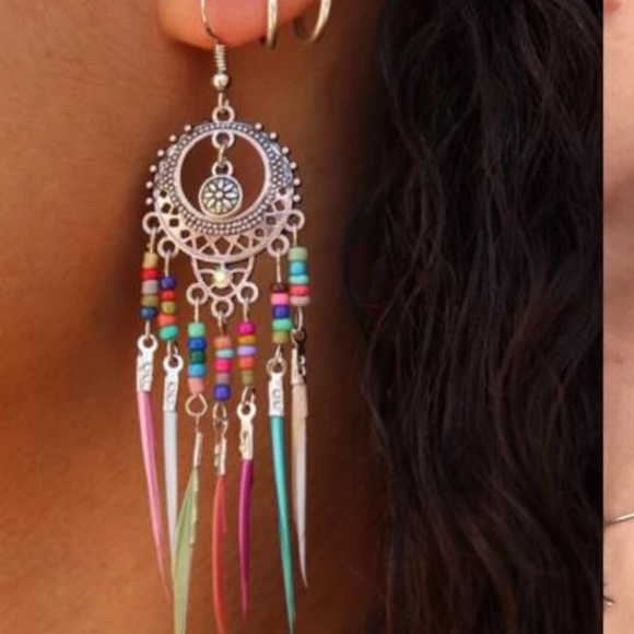Silver ethnic rainbow beads feather earrings - Picture 3 of 3